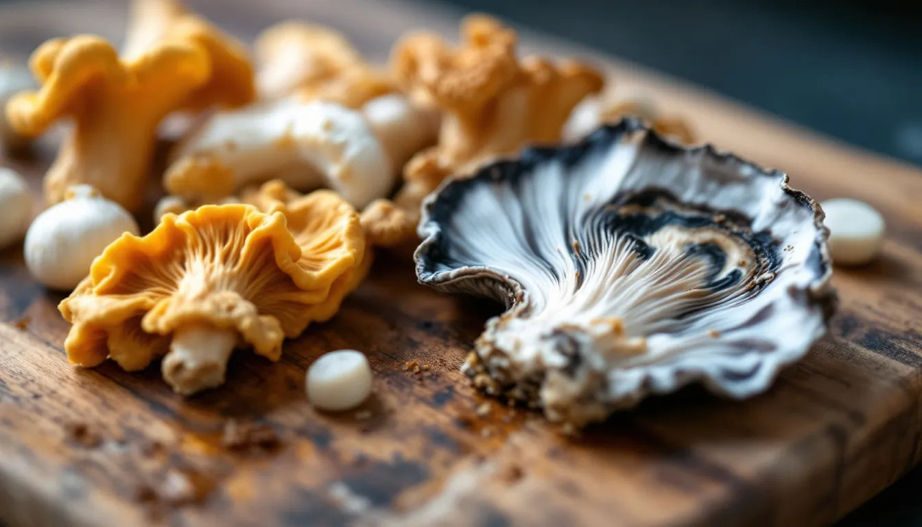 Fresh mushrooms full of nutrients on rustic cutting board