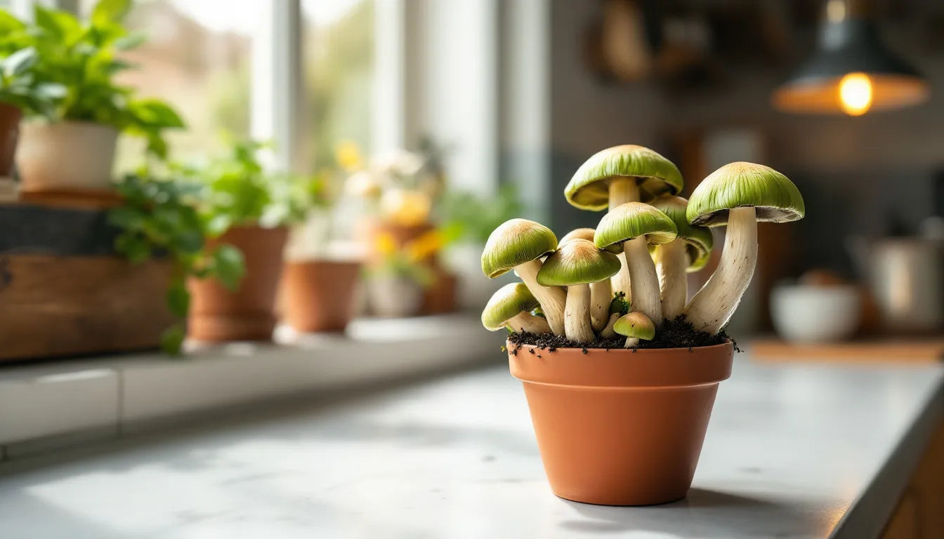 Fresh homemade mushrooms growing on a kitchen counter