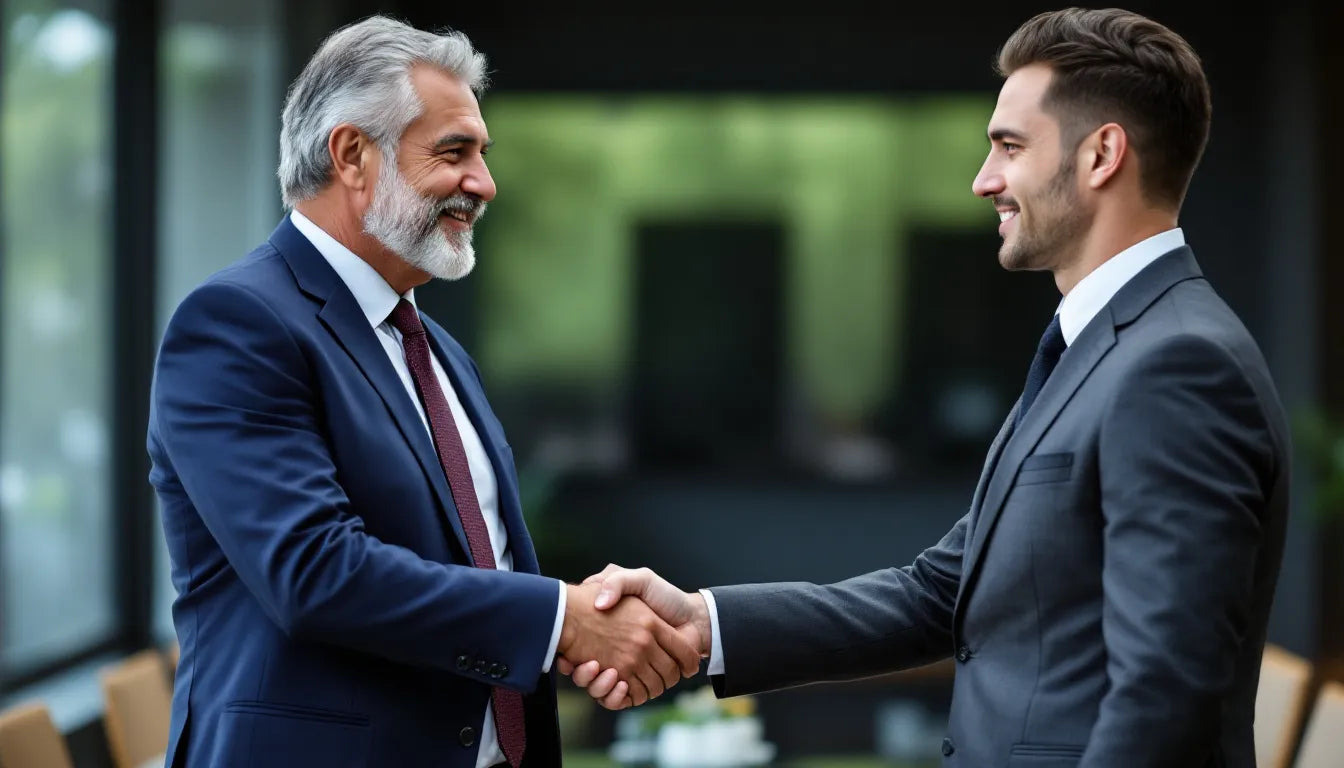 Close-up of a handshake between two business executives.