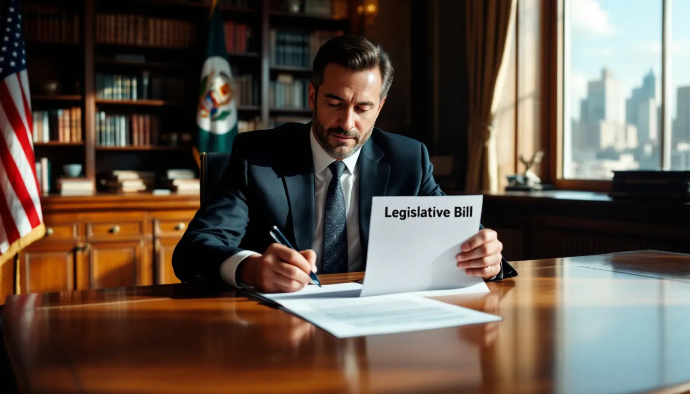 Legislator signing reform bill in official setting