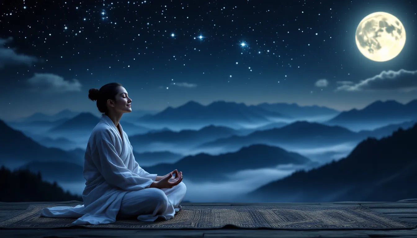 Person meditating under a starry night sky.