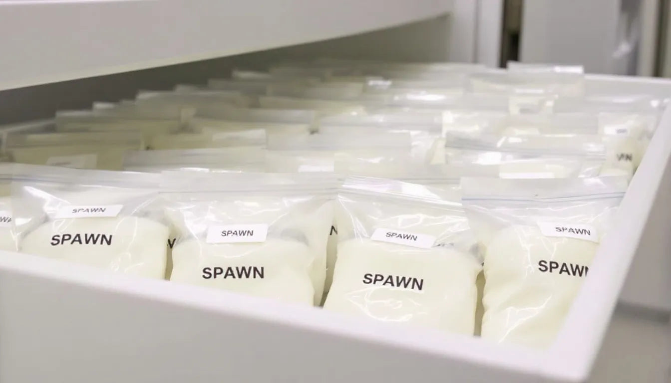 Mushroom spawn bags stored properly in fridge