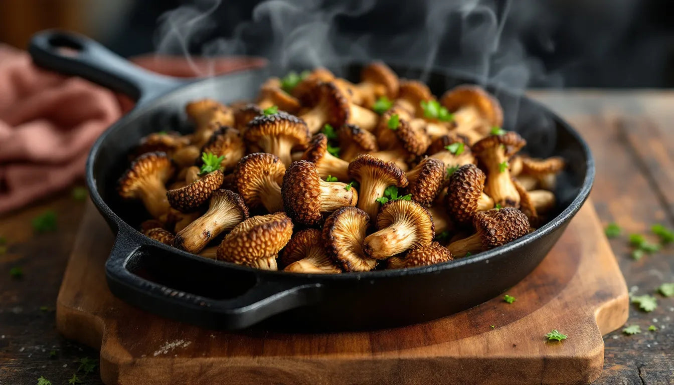 Cooked morel mushrooms sizzling in a cast iron pan