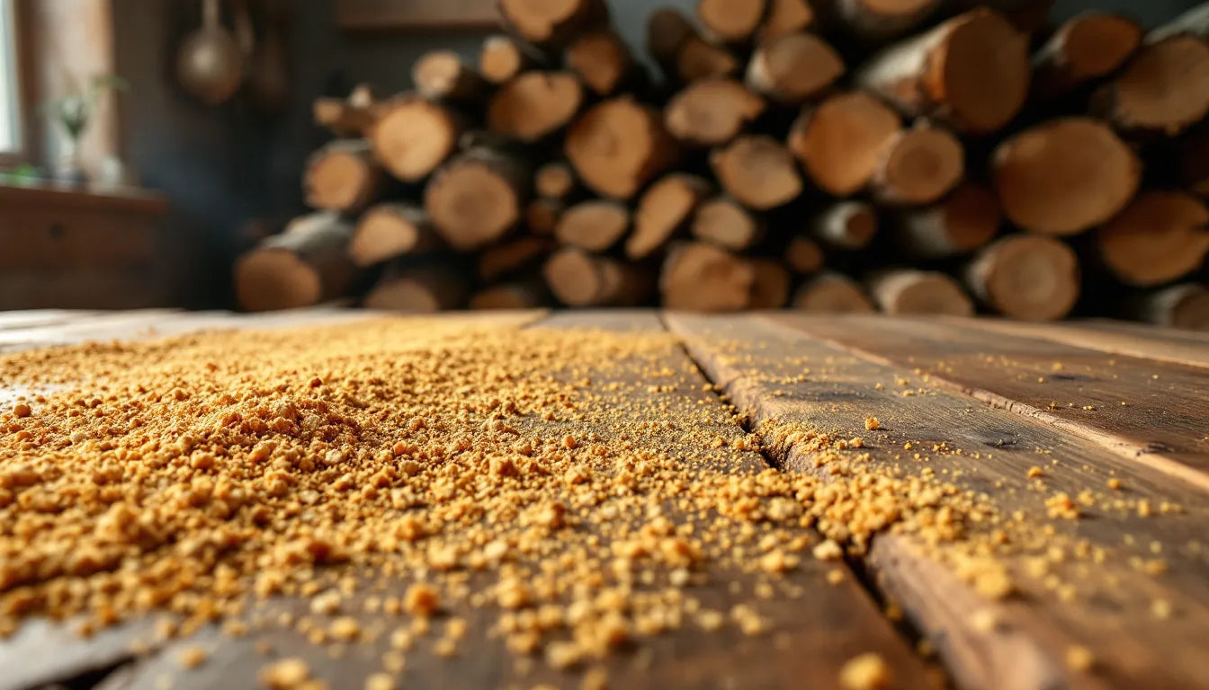 Hardwood sawdust and cut logs used for growing mushrooms