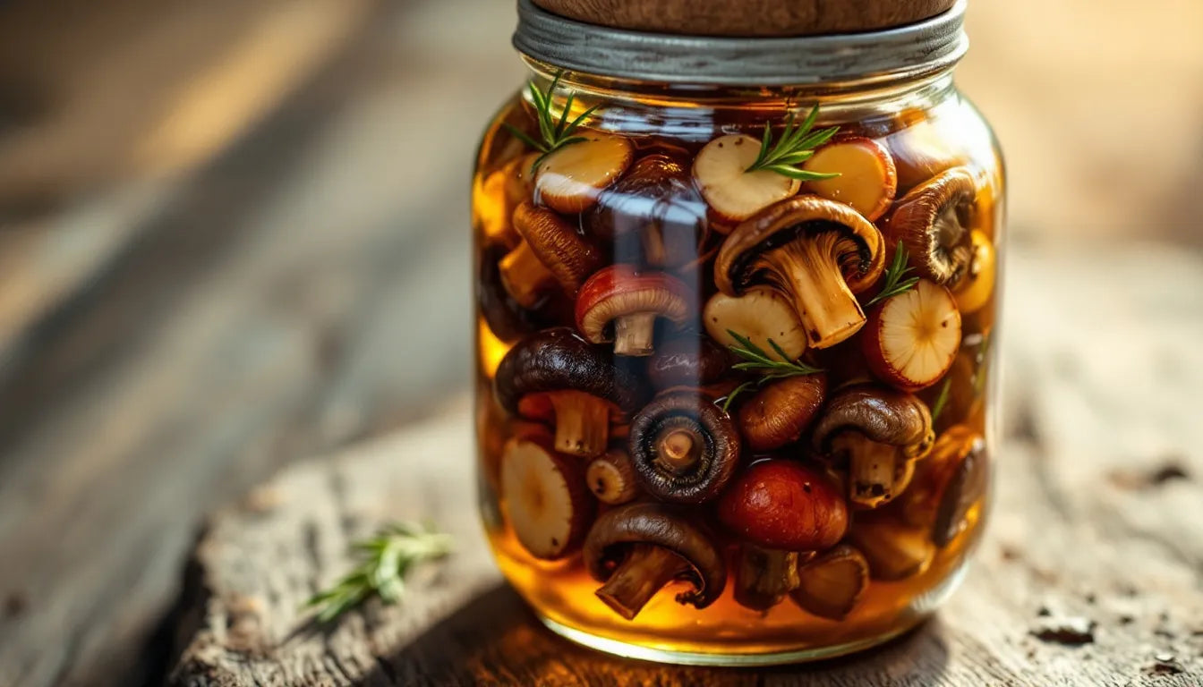 Sealed glass jar filled with marinated mushrooms