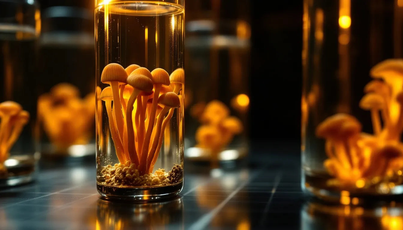 Cordyceps mushrooms growing inside glass jars at home