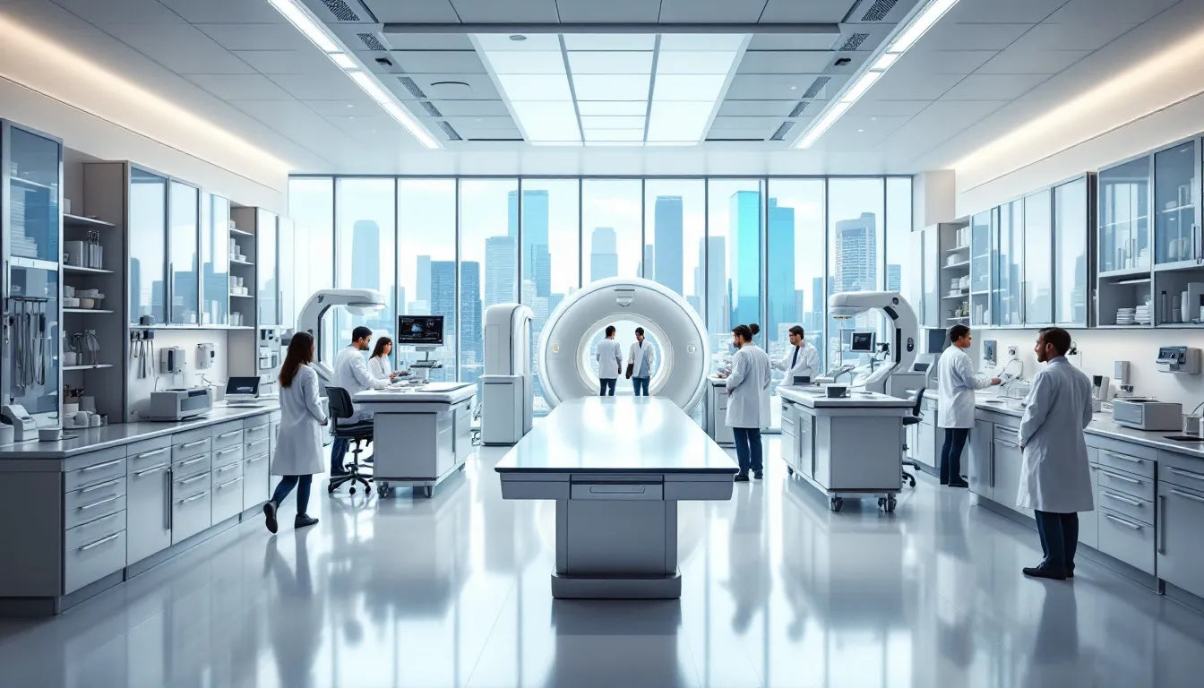 A research laboratory at a university with medical equipment on a table.