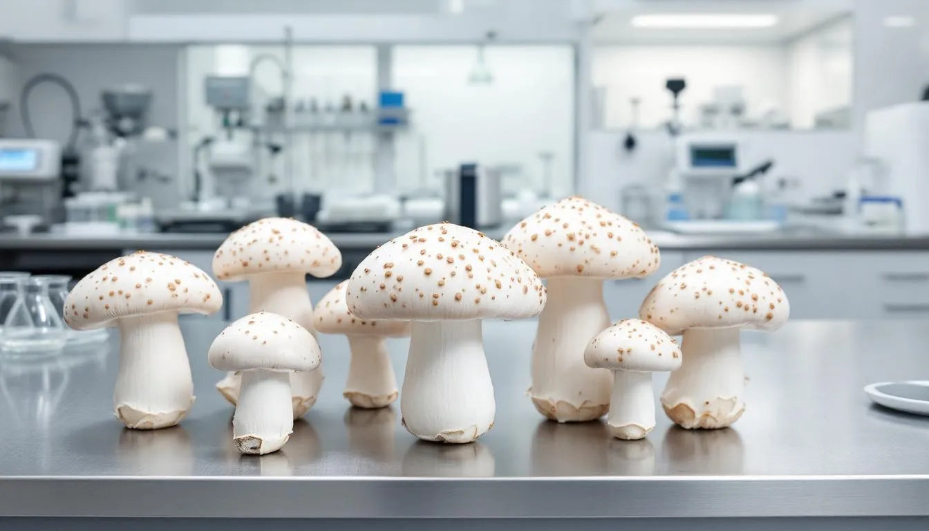 Fresh mushrooms being studied in a modern lab