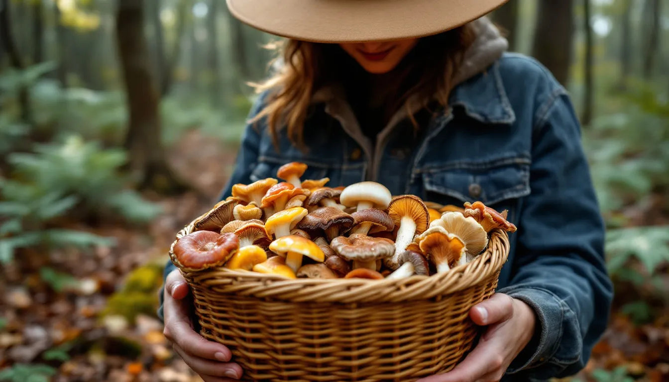Hands holding a collection of freshly picked mushrooms.