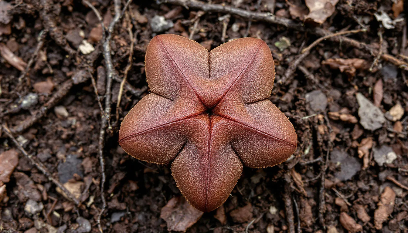 Brown Astraeus earthstar mushroom opened in star shape on forest floor