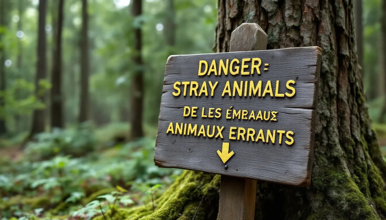 A cautionary warning sign in a dense forest indicating potential dangers.