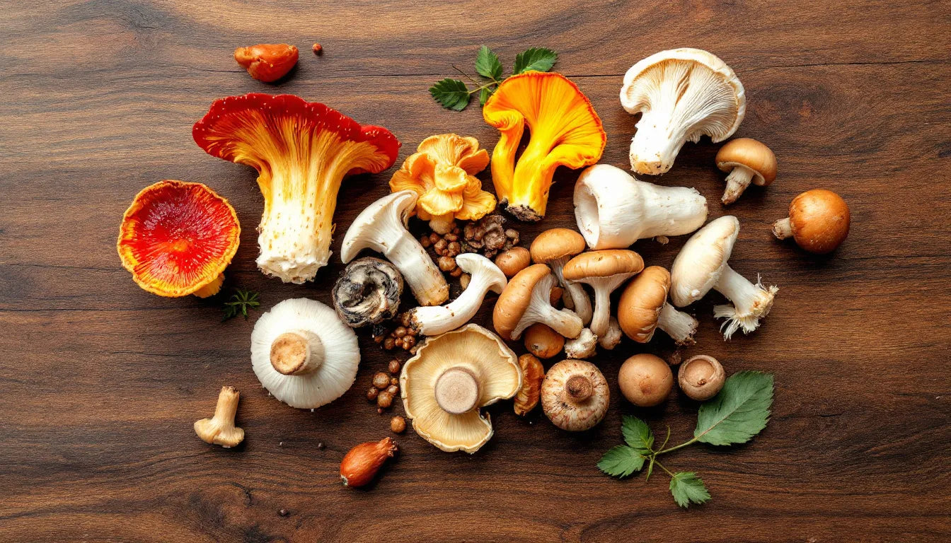Selection of edible mushrooms including button and oyster