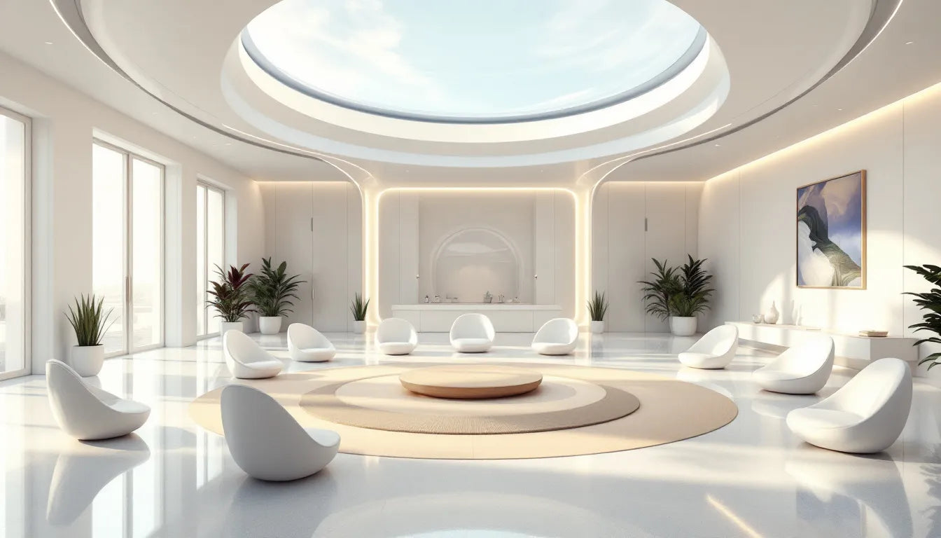 A futuristic office space featuring designated meditation and wellness areas.