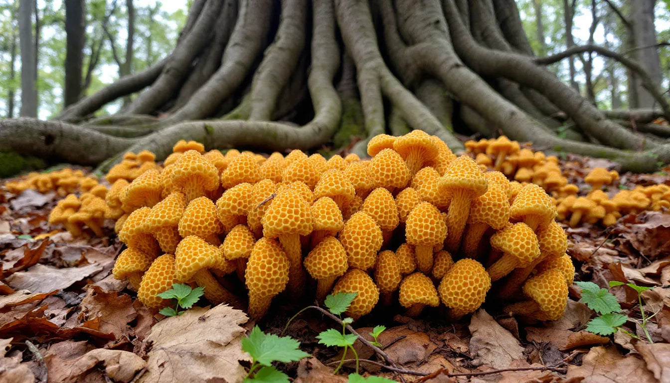 Morel mushrooms growing close to an elm tree trunk