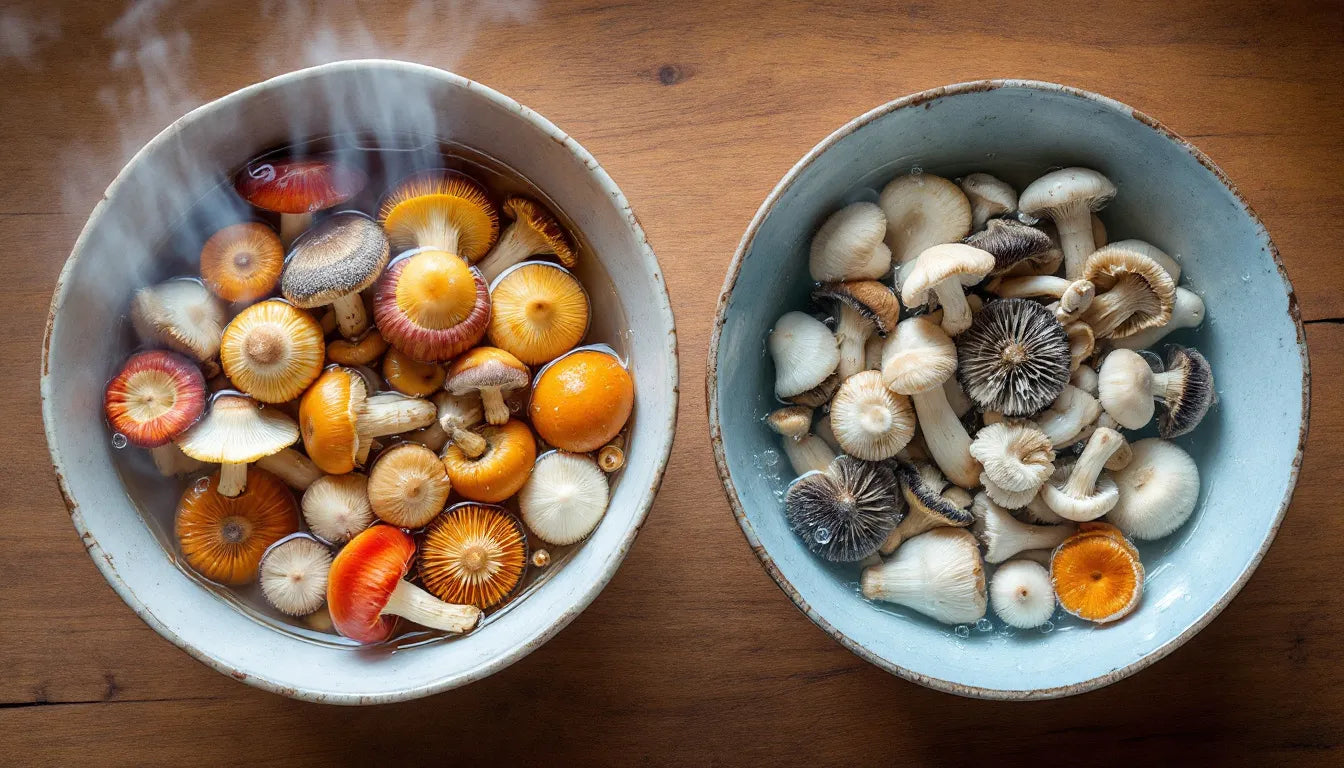 Bowls with lion's mane mushrooms soaking in hot and cold water