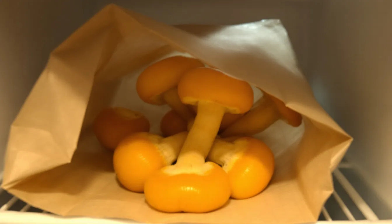 paper bag of king trumpet mushrooms in refrigerator drawer