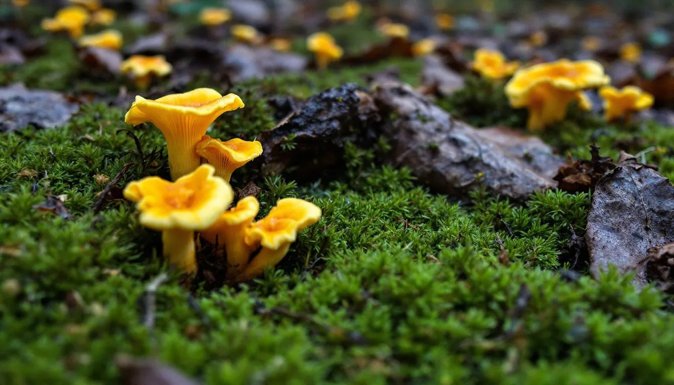 yellow chanterelle mushrooms in forest moss