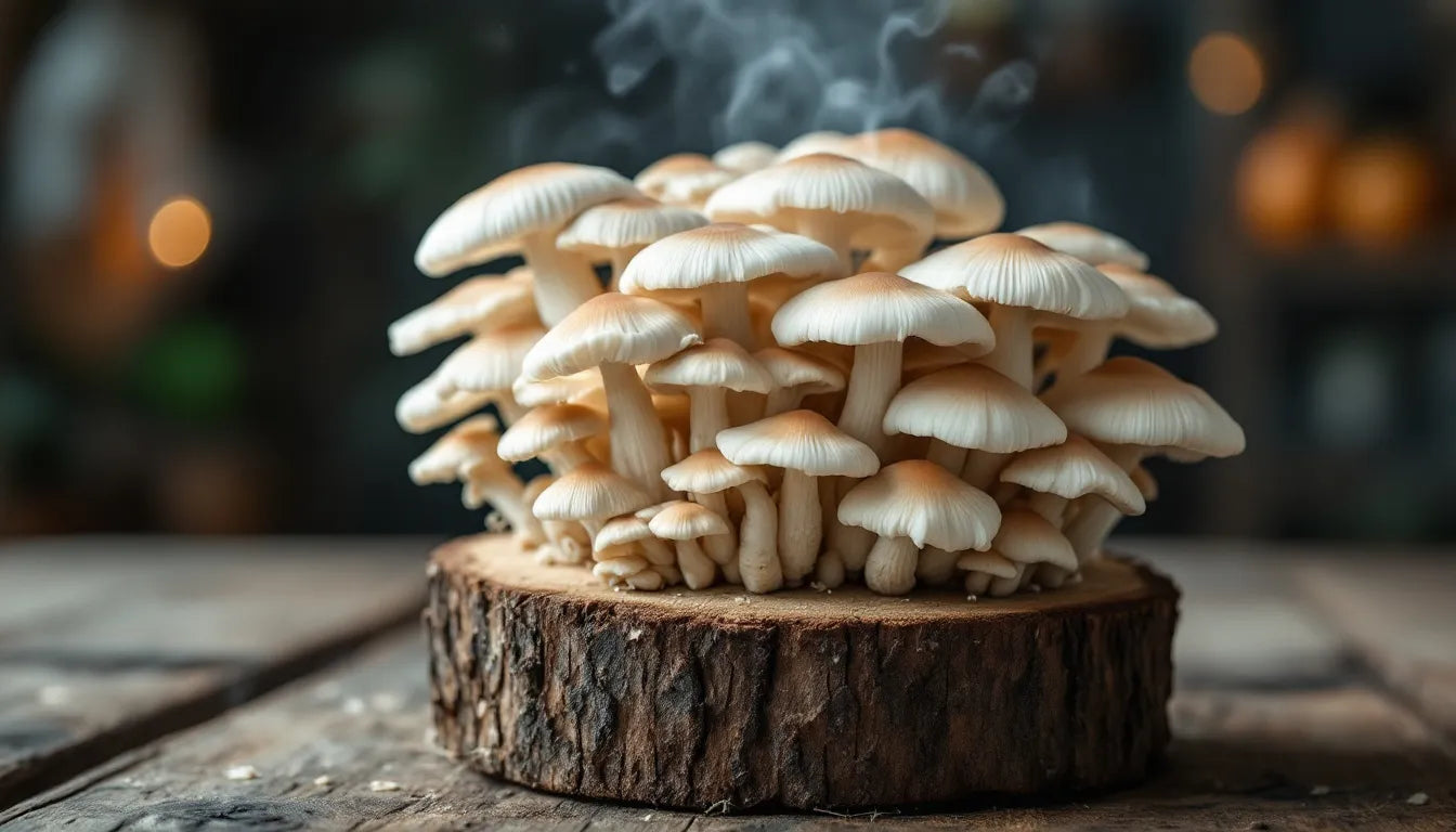cluster of oyster mushrooms growing indoors from substrate