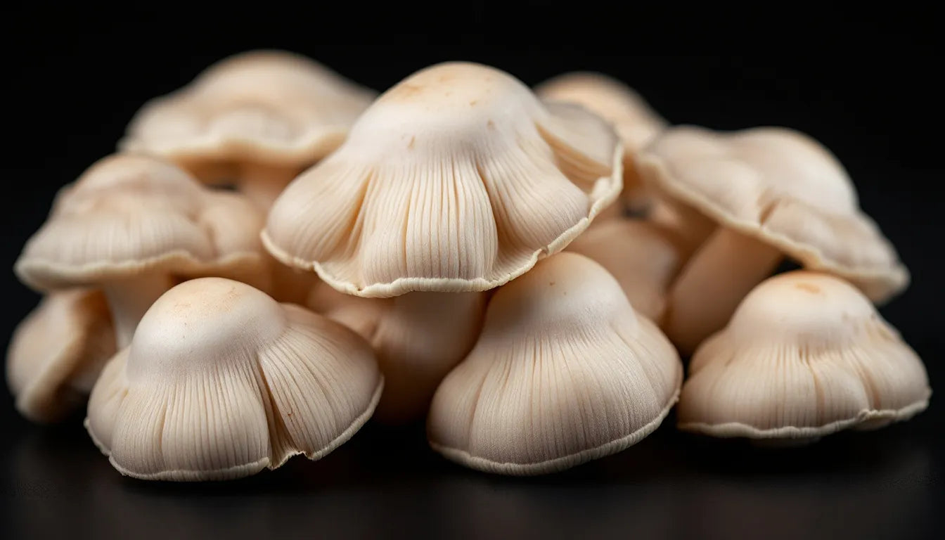 Ultra close-up of oyster mushrooms showing cap detail