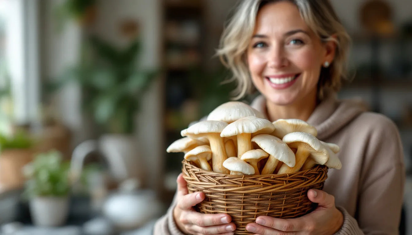 person holding fresh oyster mushrooms from indoor grow