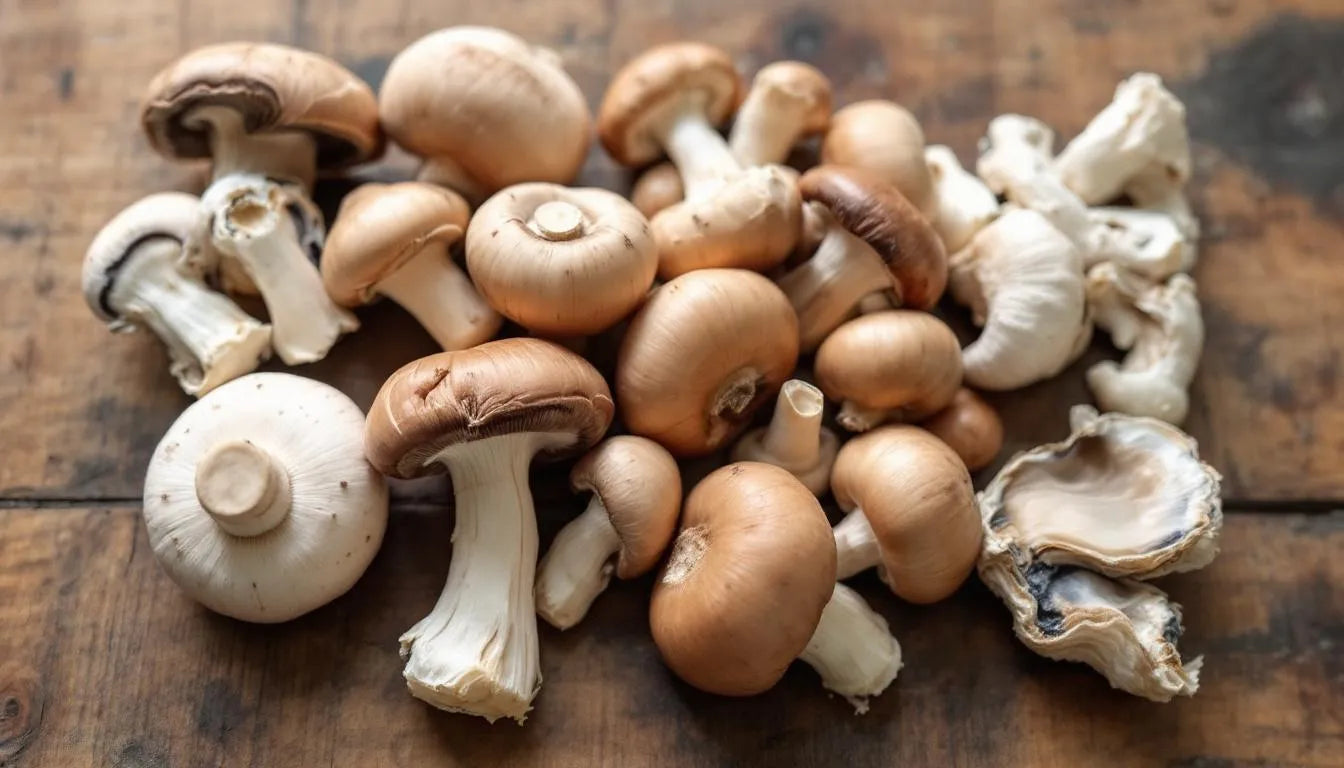 Display of common edible mushrooms including oyster and button types