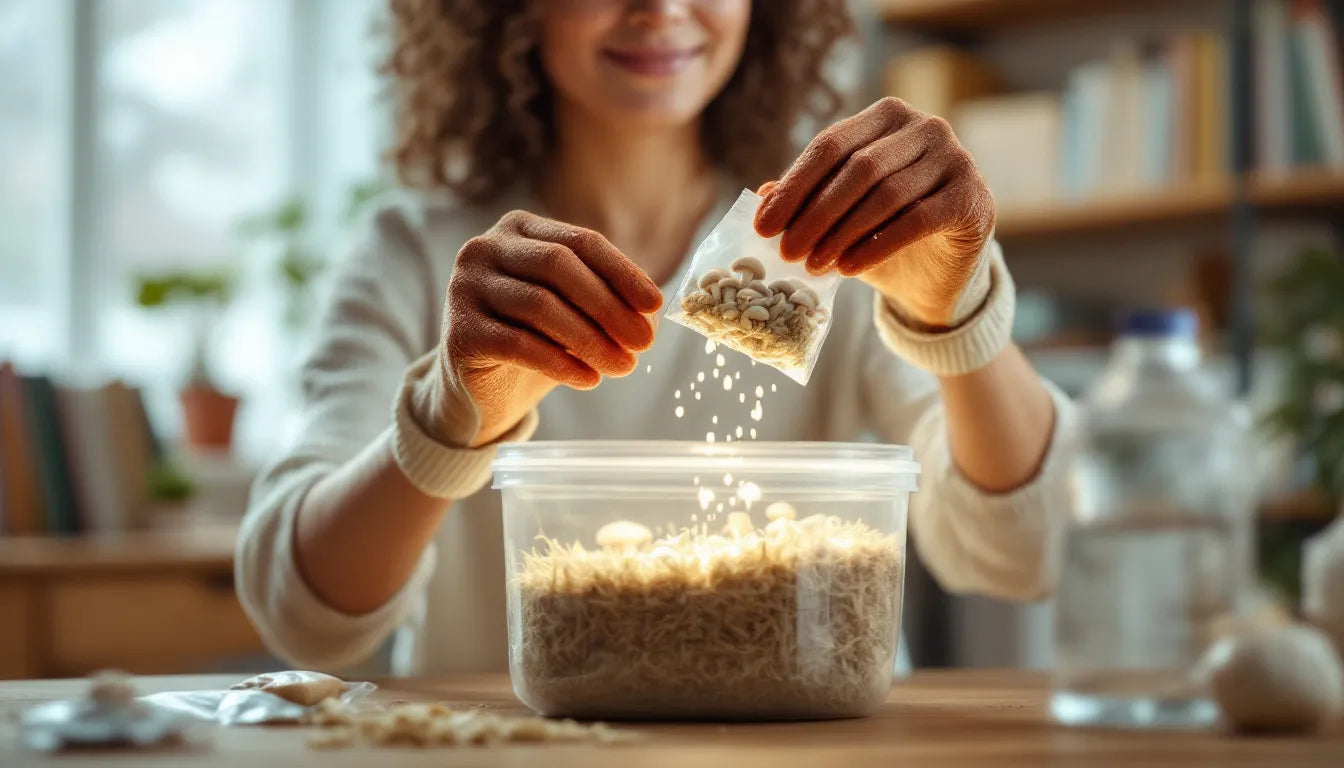 Person preparing mushroom growing kit inside