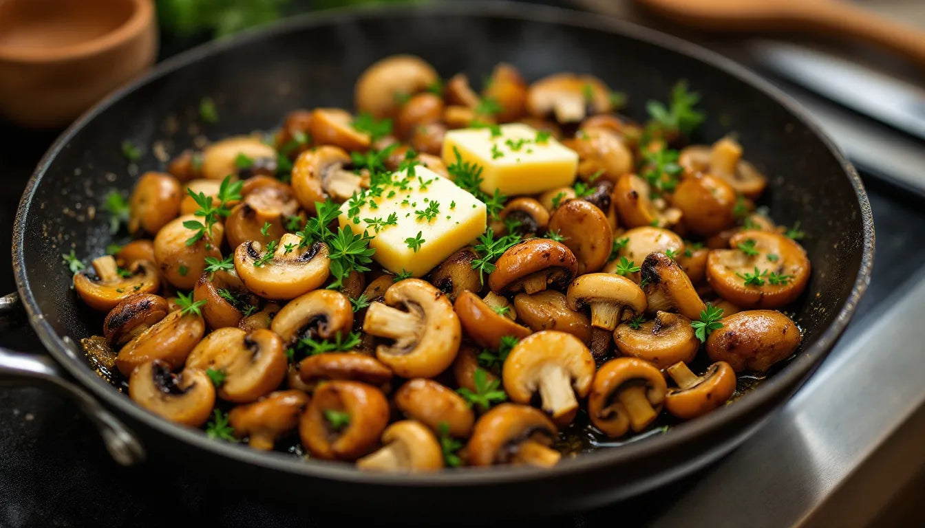 Sautéed gourmet mushrooms in a pan
