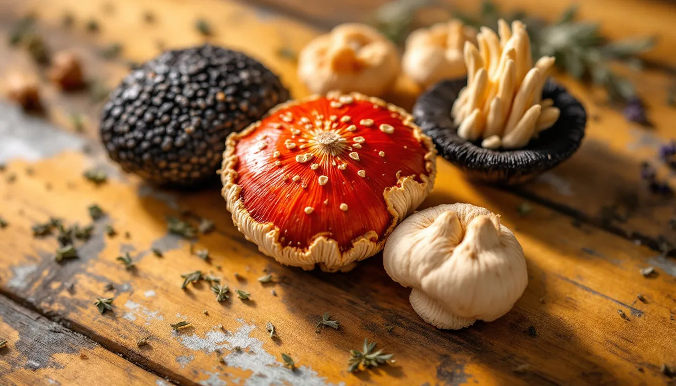 A close-up view of medicinal mushrooms displayed on a wooden table.