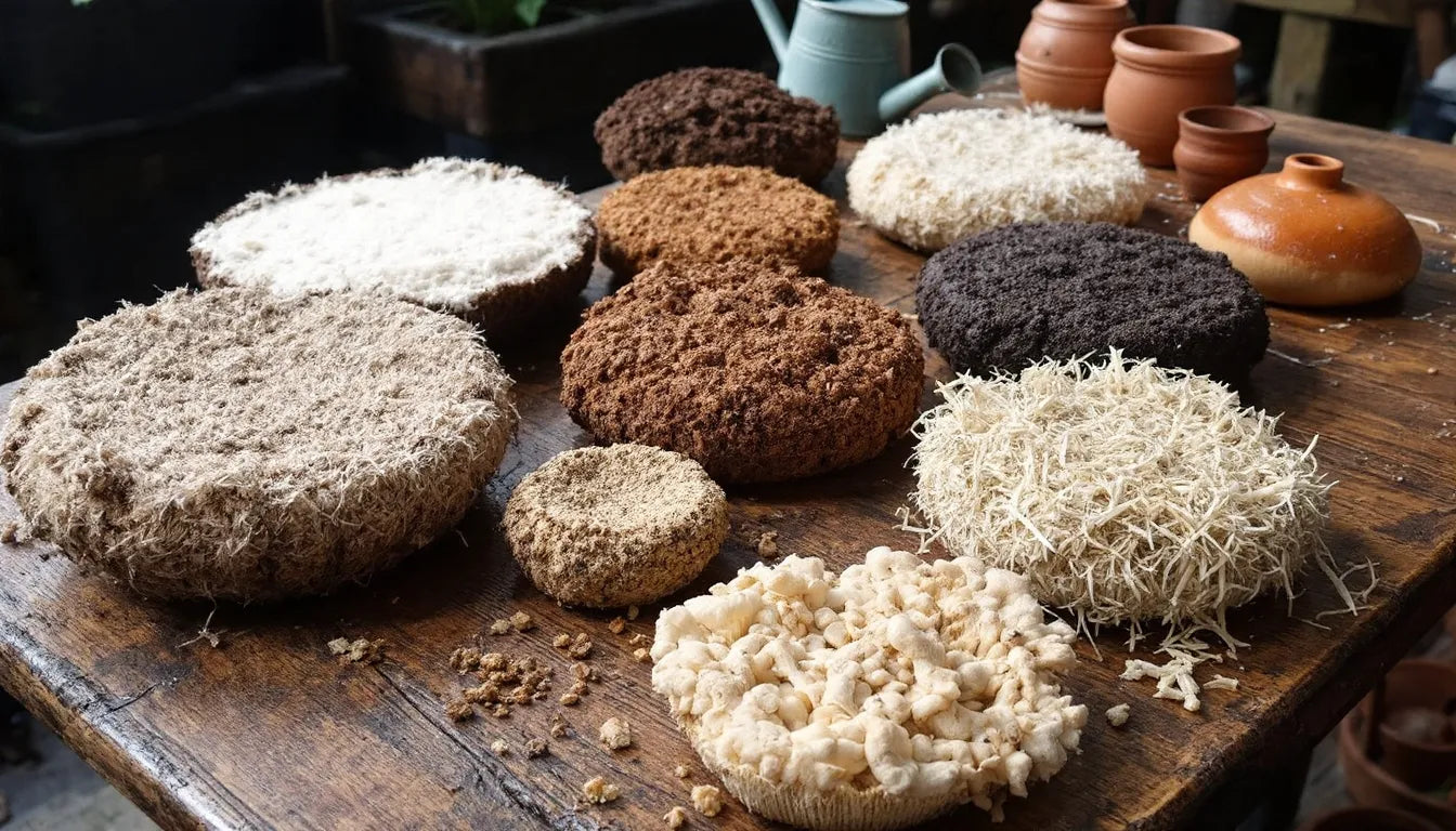 Different materials used for mushroom cultivation displayed on a table.