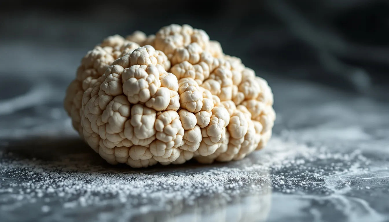 Single white truffle placed on white marble surface