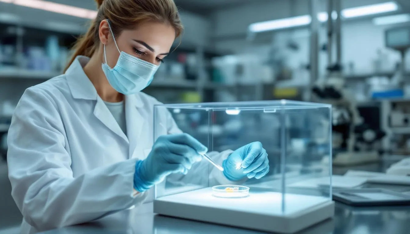 Microbiologist handling mushroom spore swab inside sterile air box