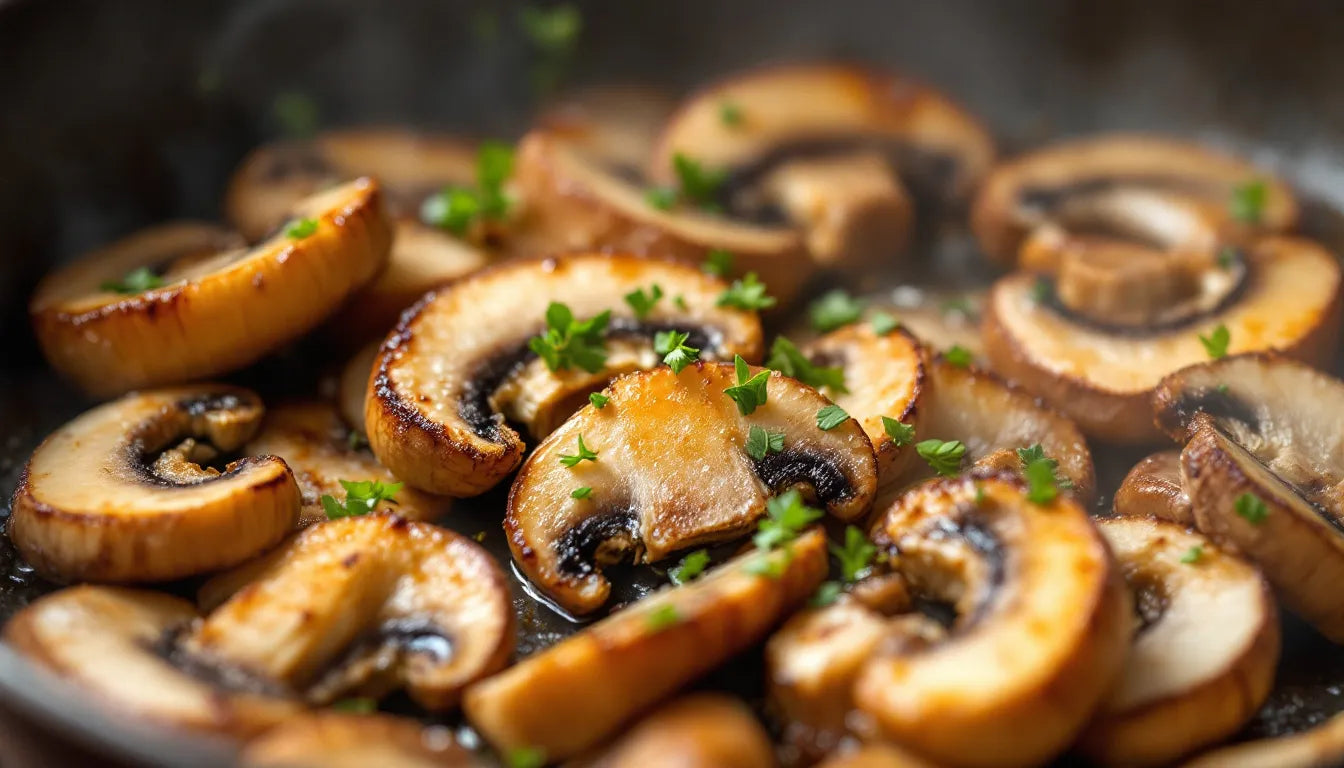 Sliced chestnut mushrooms sizzling in a hot frying pan