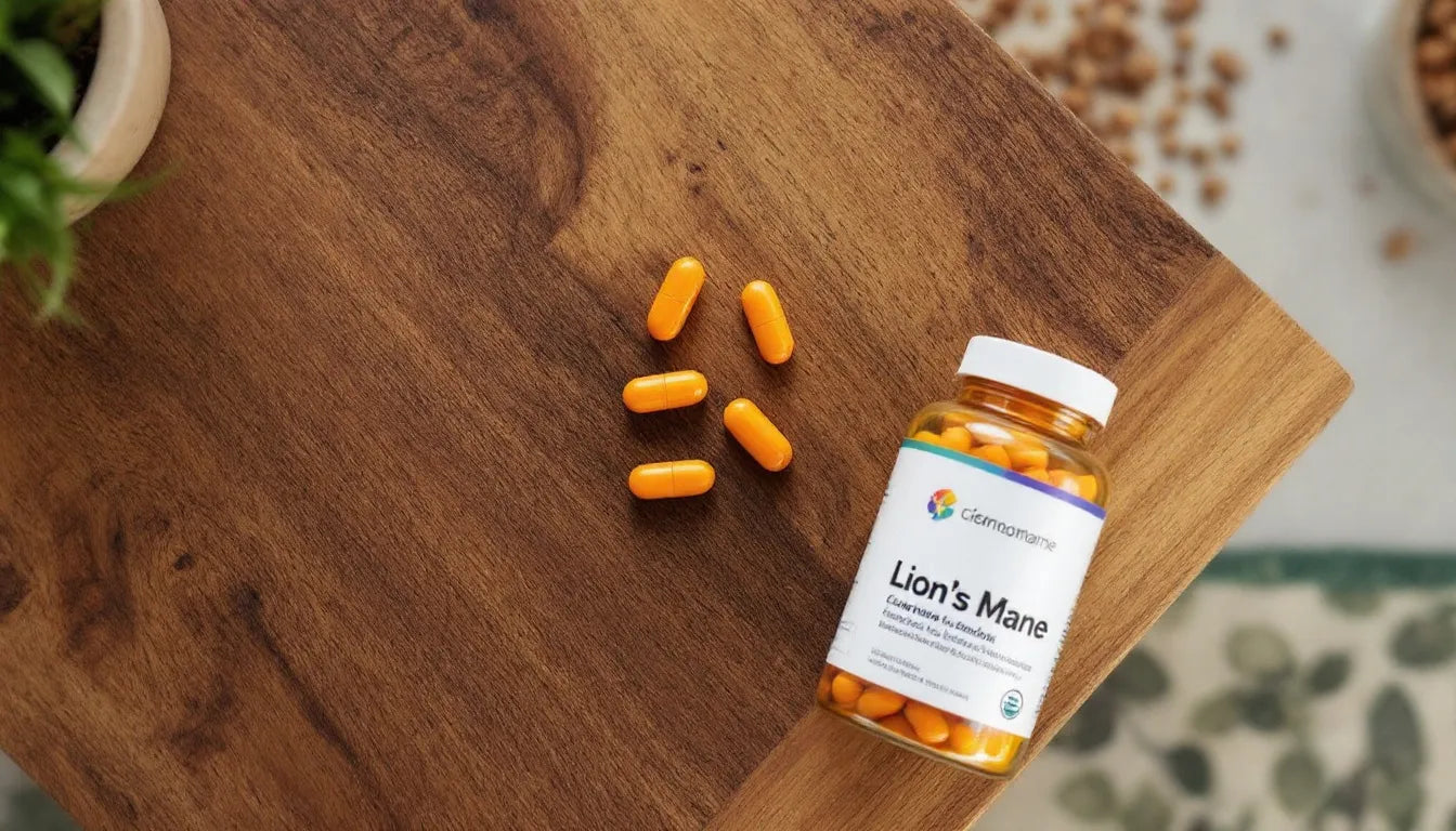 A bottle of lion's mane supplement capsules on a wooden table.
