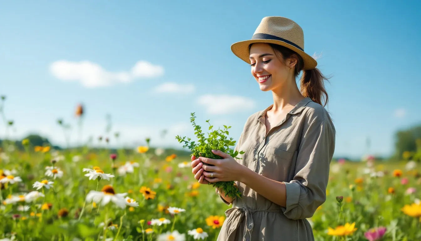 person collecting herbs in sunny wildflower field