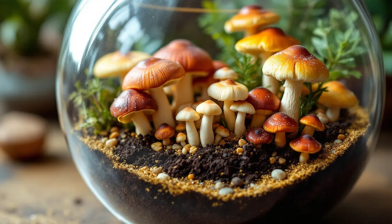 Psilocybin mushrooms growing inside home terrarium