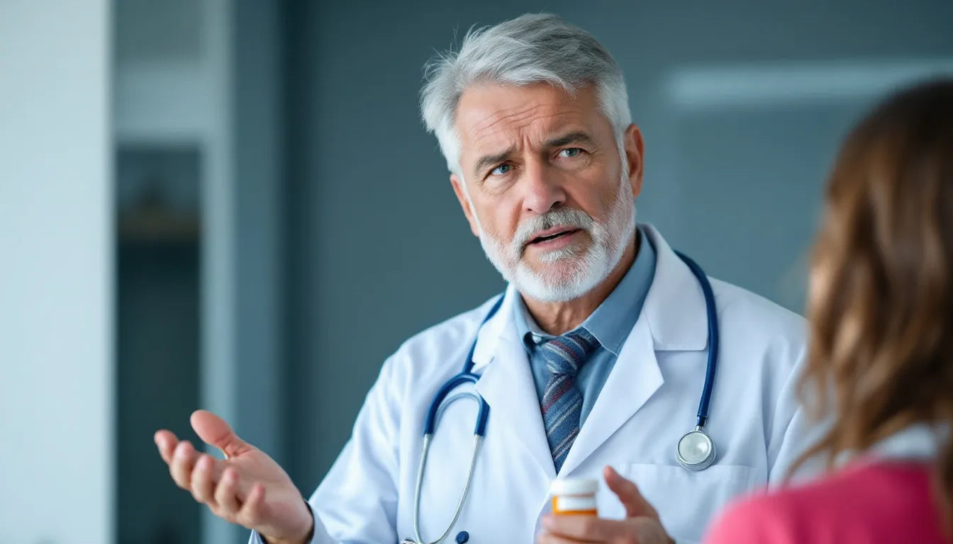 A doctor holding a prescription bottle while giving safety advice.