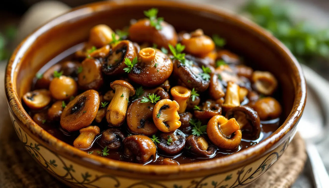 A savory mushroom dish served in a rustic ceramic bowl.