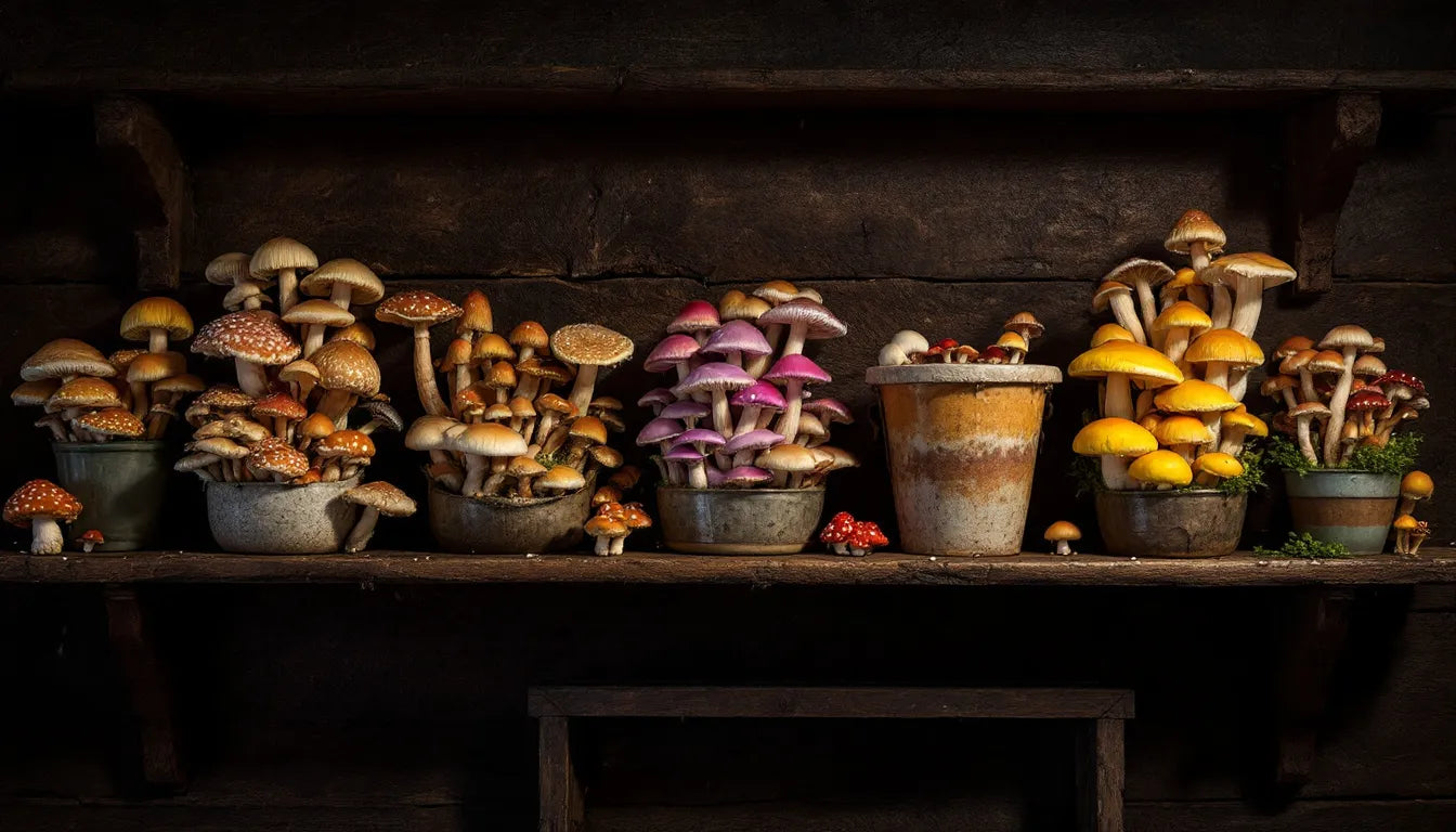 Different types of mushrooms stored in various containers.