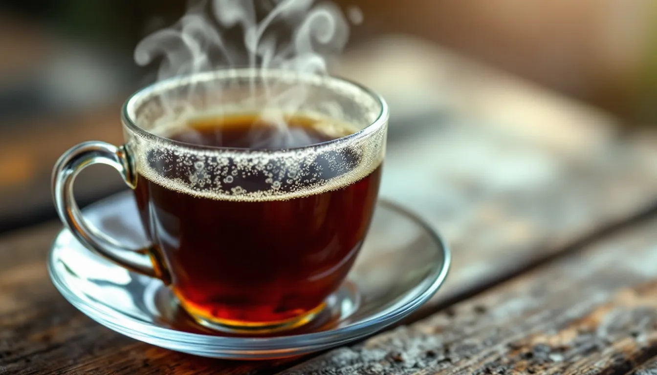 Steaming chaga tea in a clear glass cup