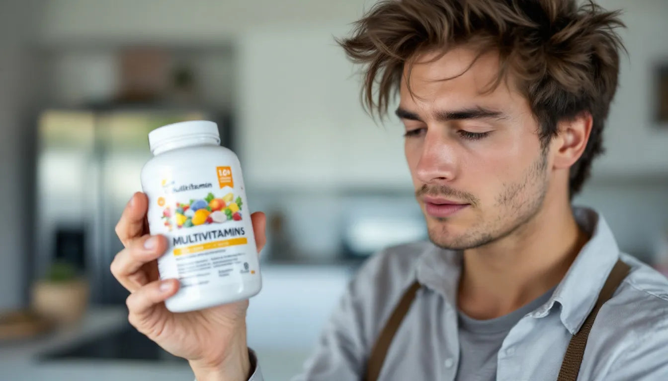 Person reading the supplement facts on a bottle