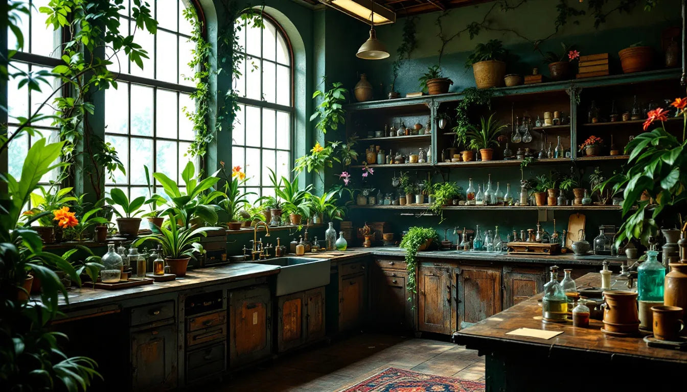 Old-style botanical research lab with coca and tropical plants