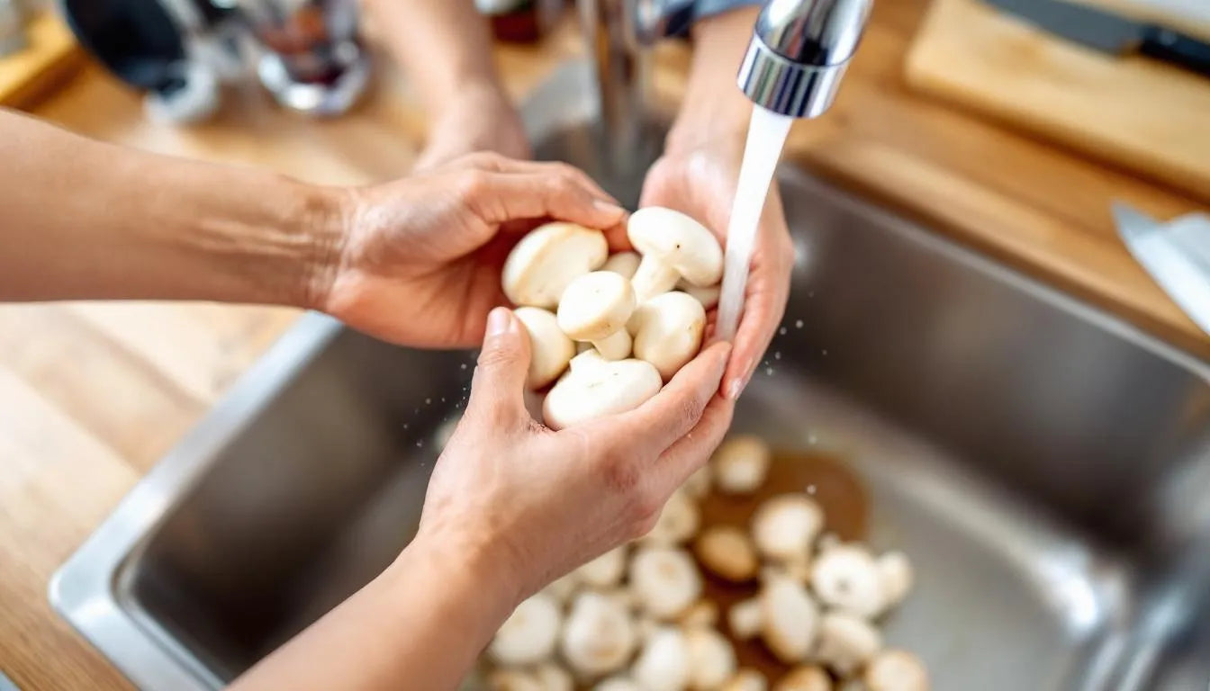 Hands washing and preparing mushrooms for cooking