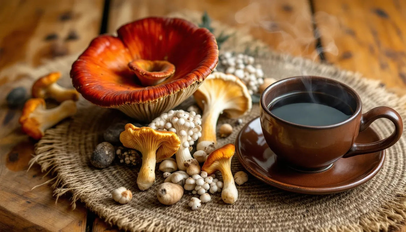 tea and medicinal mushrooms on wooden background