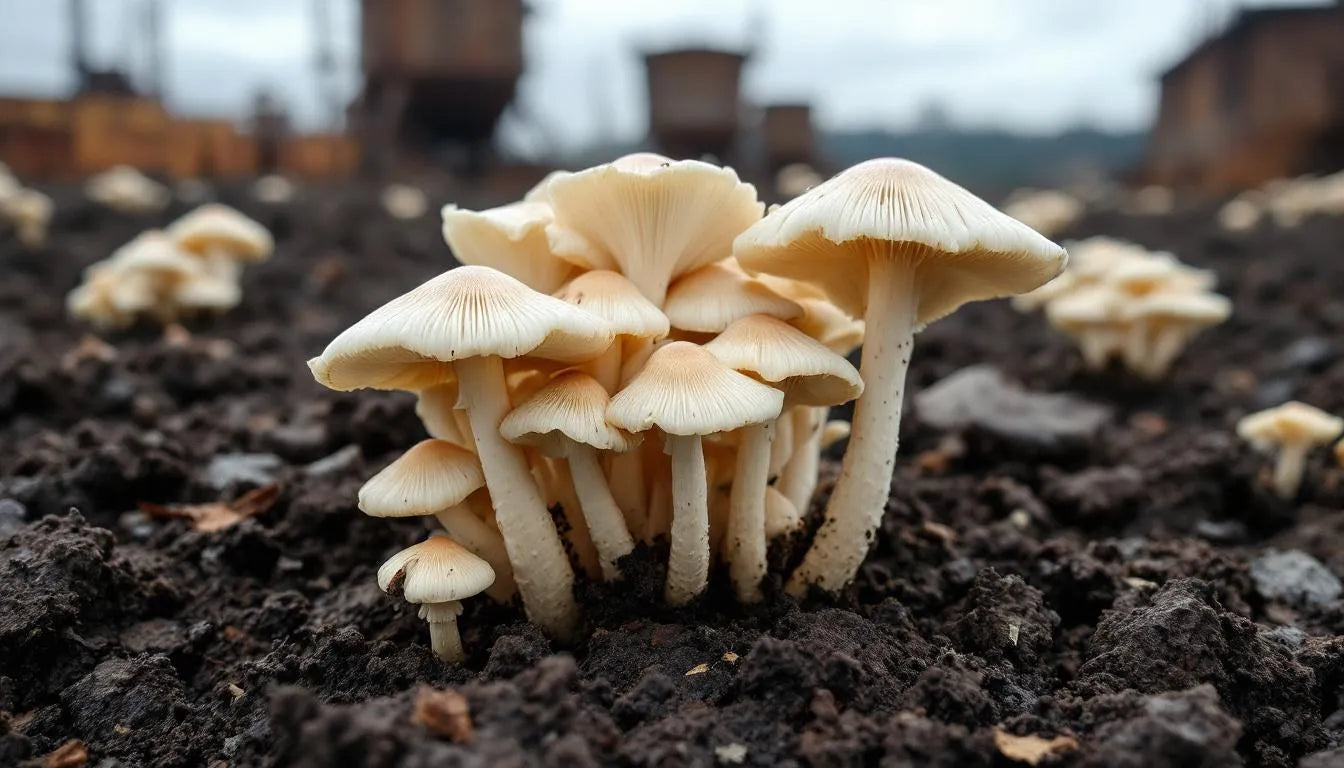 Oyster mushrooms emerging from polluted soil during cleanup
