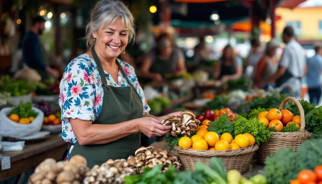 Person selecting fresh mushrooms at a market stall.