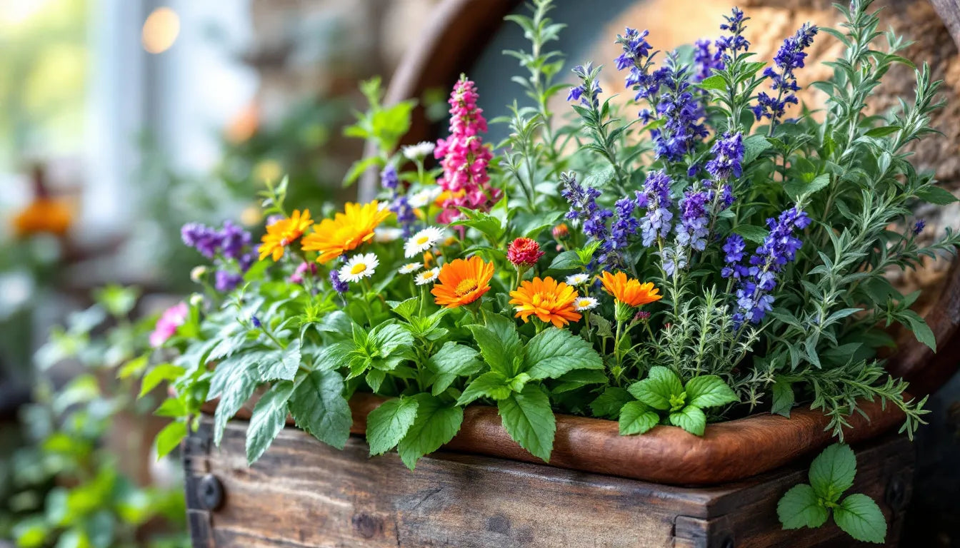 Assortment of fresh medicinal plants like coca and lemon balm