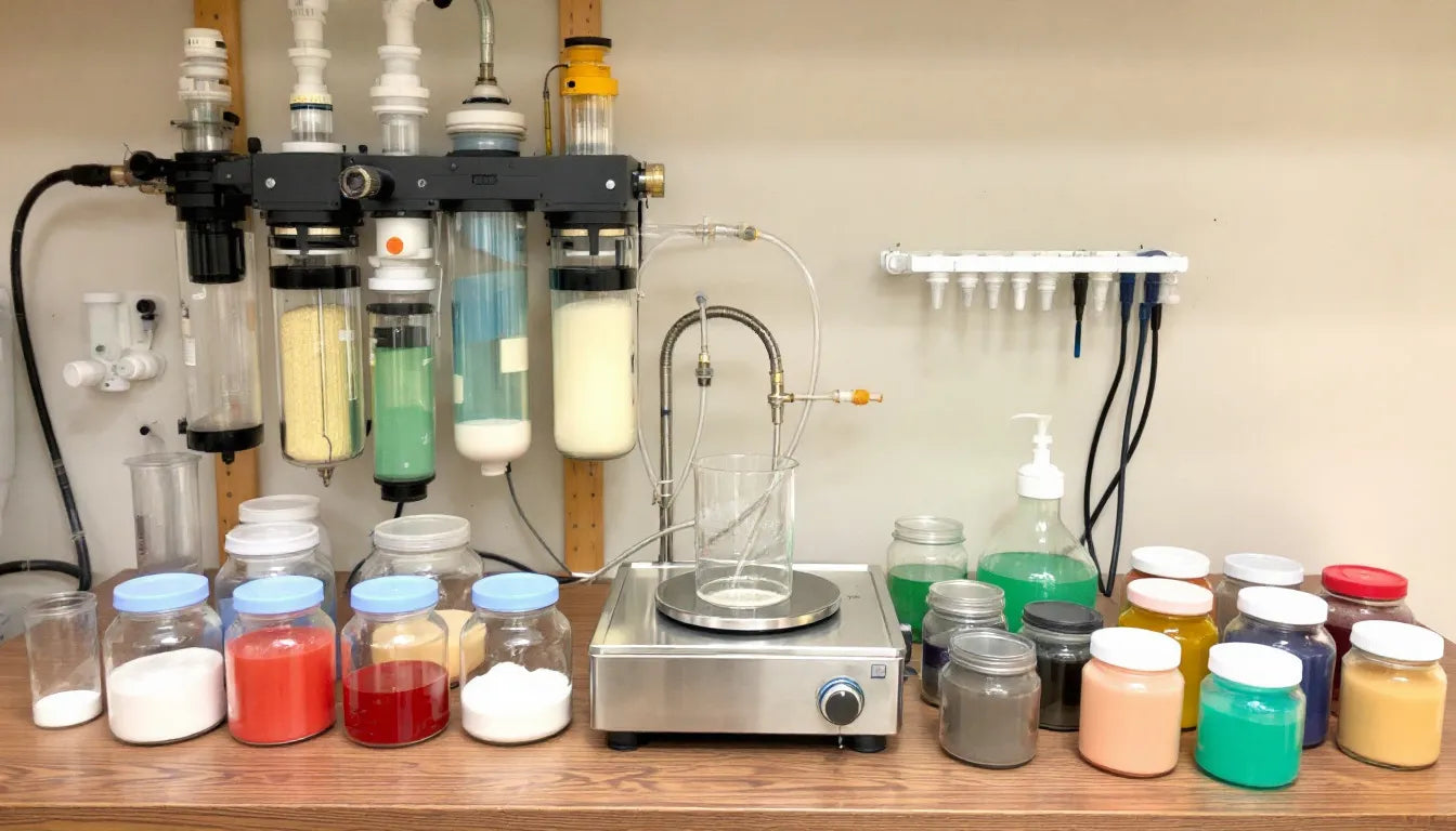 Set of mushroom cultivation tools including jars and filters