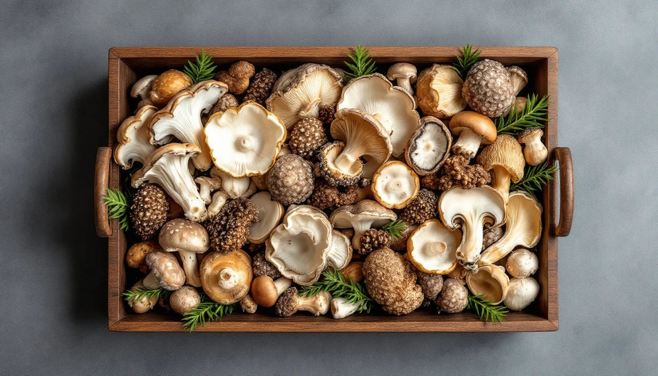 Variety of gourmet mushrooms displayed on a tray