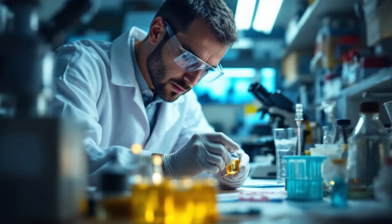 A lab technician examining a vial of liquid in a research setting.