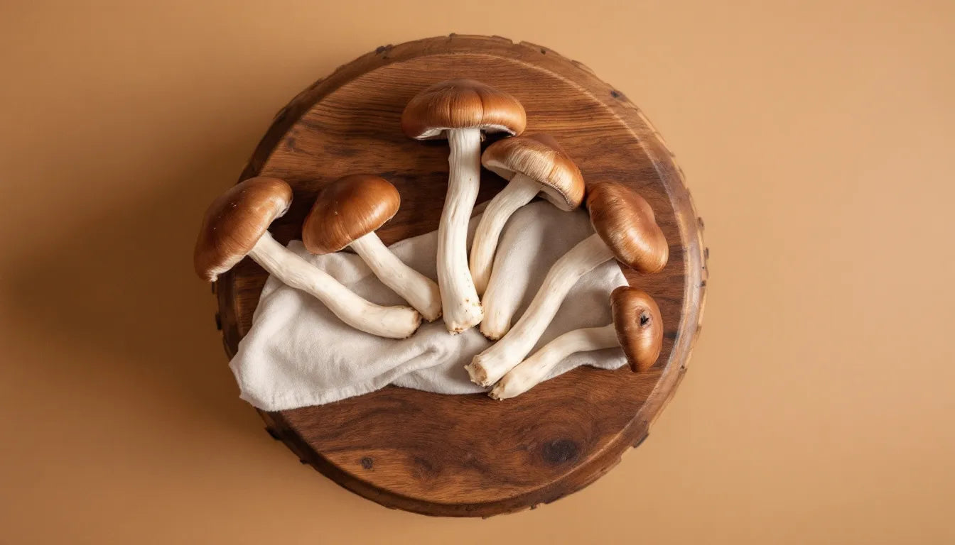 Fresh chestnut mushrooms laid out on a wooden table